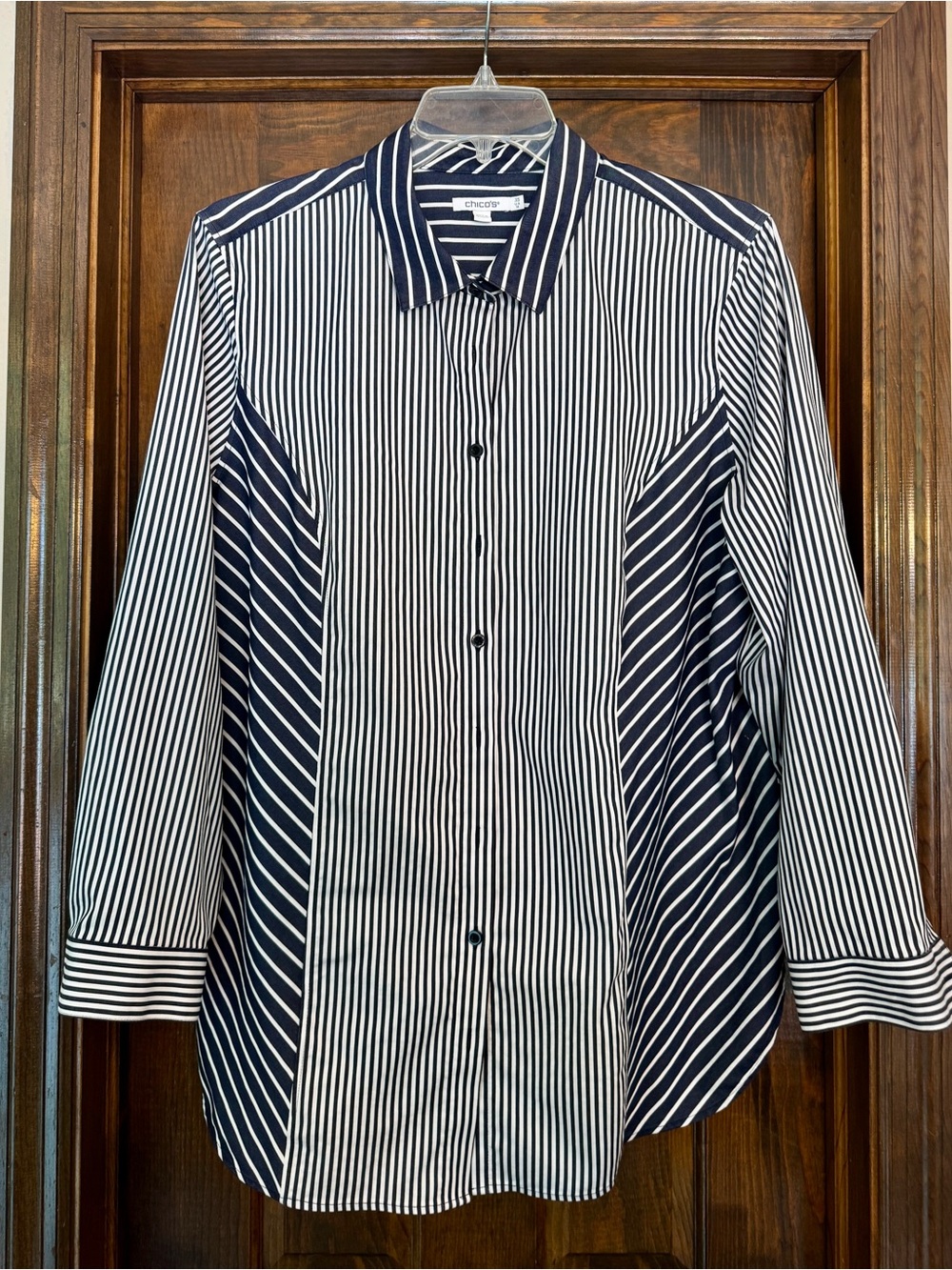 Chico's size 3.5 Navy and White Mixed-Stripe Button-Down Shirt